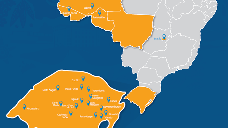 A Rede Marista está presente em 17 cidades do Rio Grande do Sul, no Distrito Federal e em seis cidades da Região Amazônica.